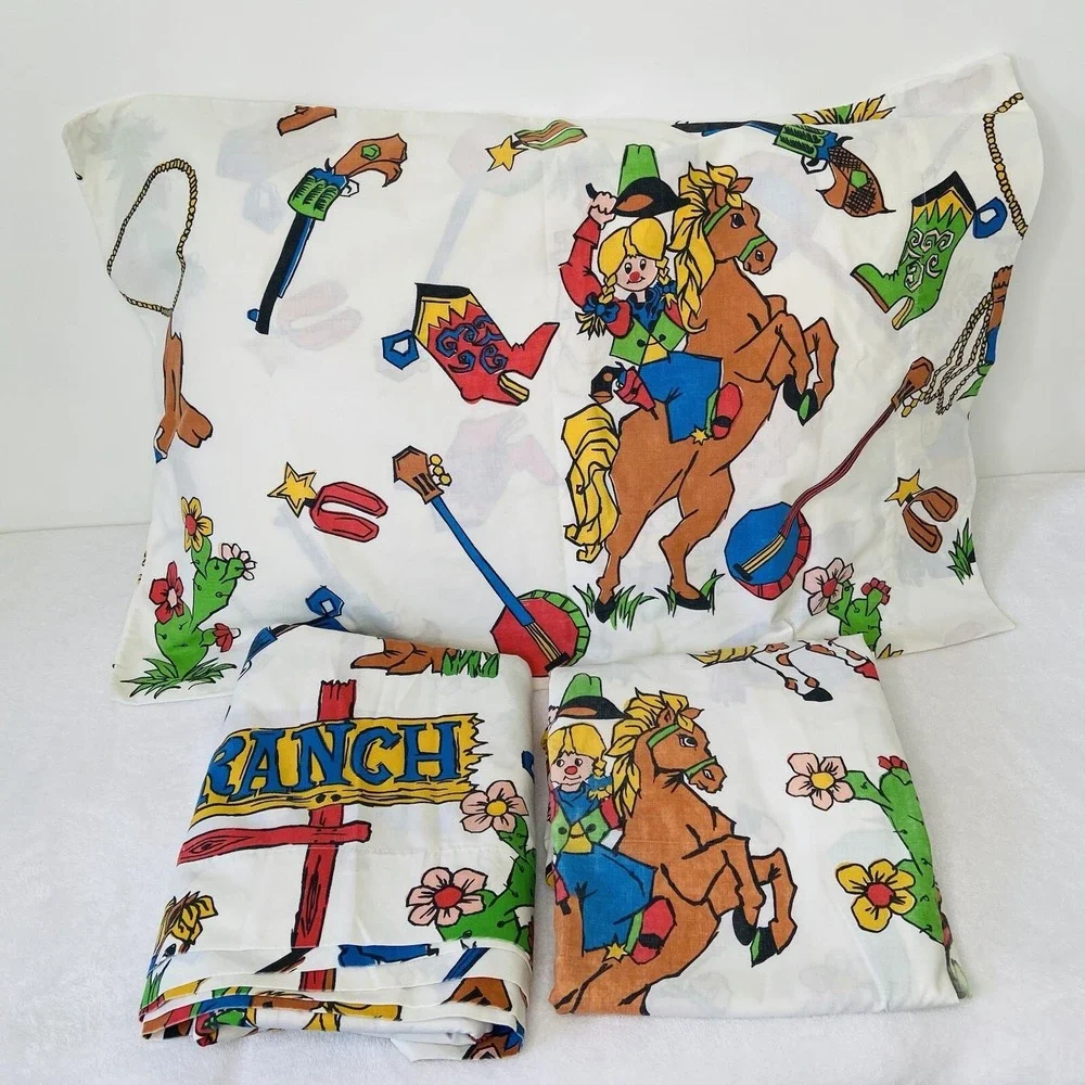 Cannon Western Cowboy Cowgirl Bar B Ranch Farm Rodeo Twin Size Sheet Set 1960's